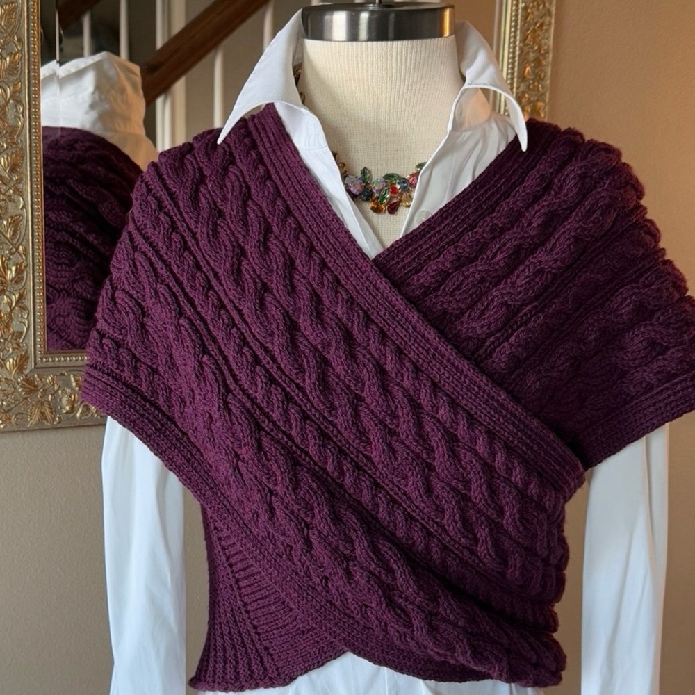 Aran Sweater Market Fisherman Cable Knit Wool Wrap Very Berry - Size Med NWT